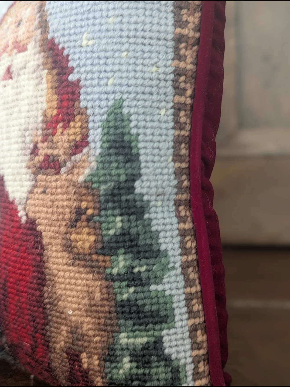 Hand-Stitched Santa Claus Christmas Needlepoint Pillow Vintage